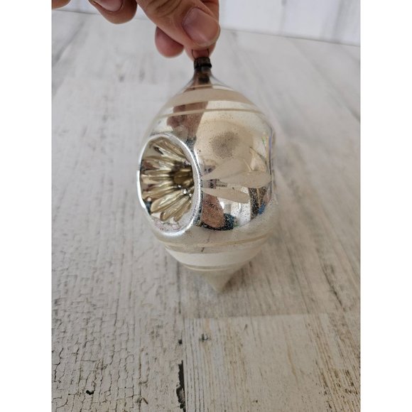 Antique silver triple indent white striped teardrop glass ornament Xmas tree - Picture 2 of 10